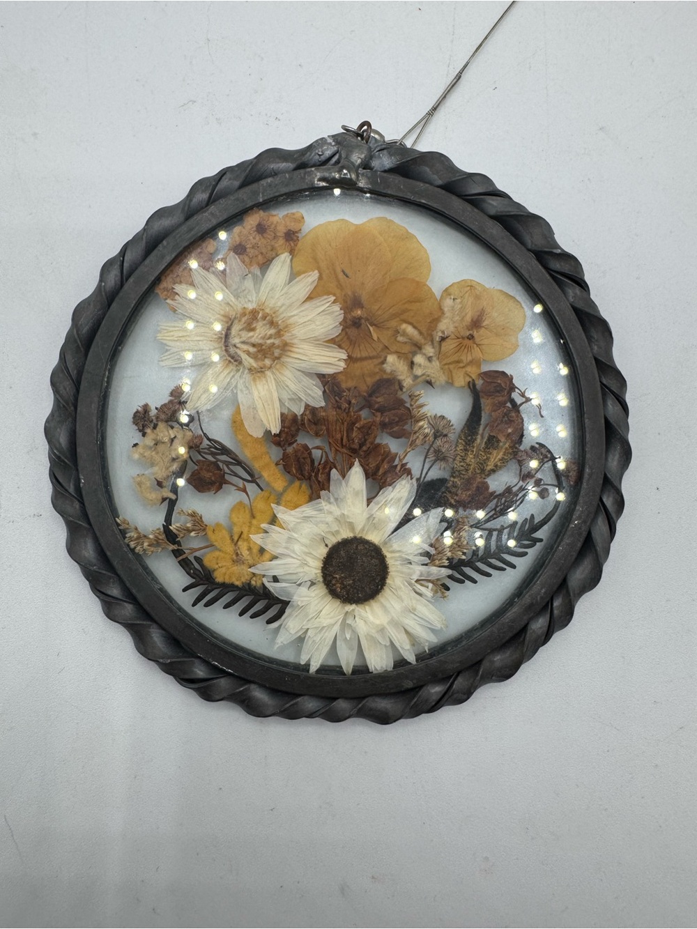 Vintage Pewter Round Frame Pressed Flowers Lasting Impression